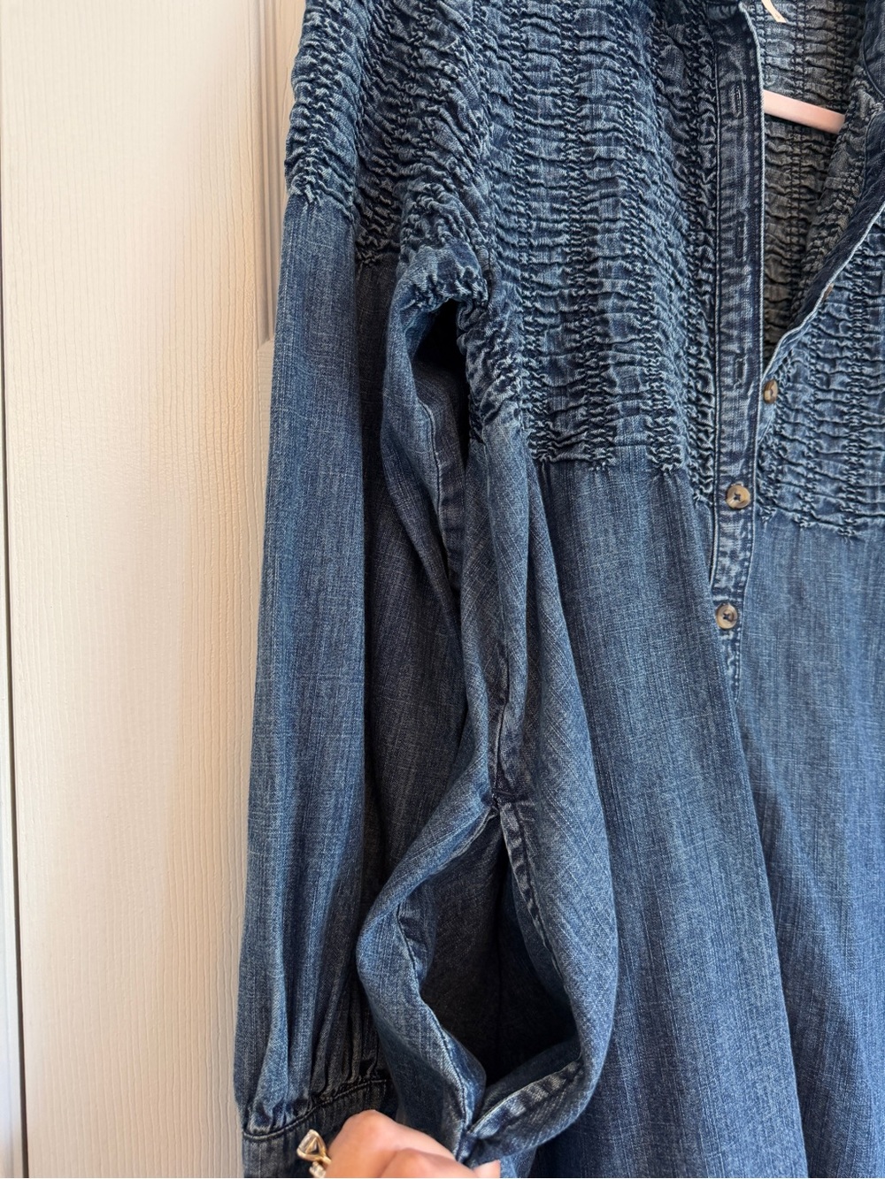 Free People Find Me Now Denim Mini Dress Smocked Babydoll Boho Blue S - Picture 6 of 6